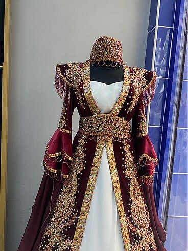 Tasarımcı Bordo İşlemeli Tasarım Bindallı / Kaftan