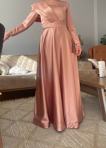 Pembe Uzun Kollu Drapeli Abiye Elbise - Görsel 3