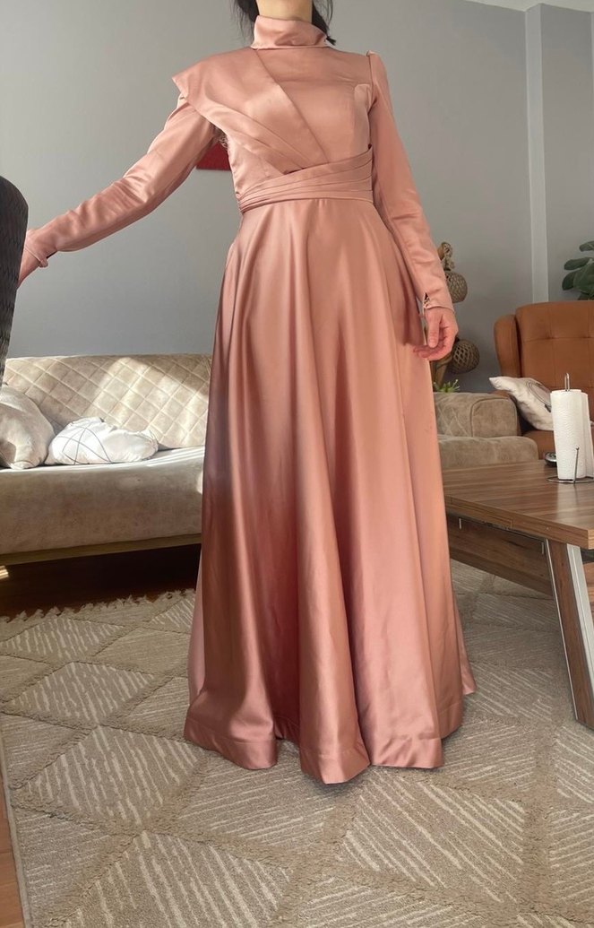 Pembe Uzun Kollu Drapeli Abiye Elbise - Görsel 3