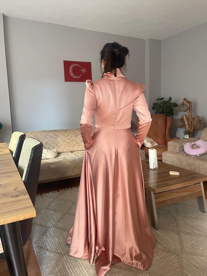 Pembe Uzun Kollu Drapeli Abiye Elbise - Görsel 2