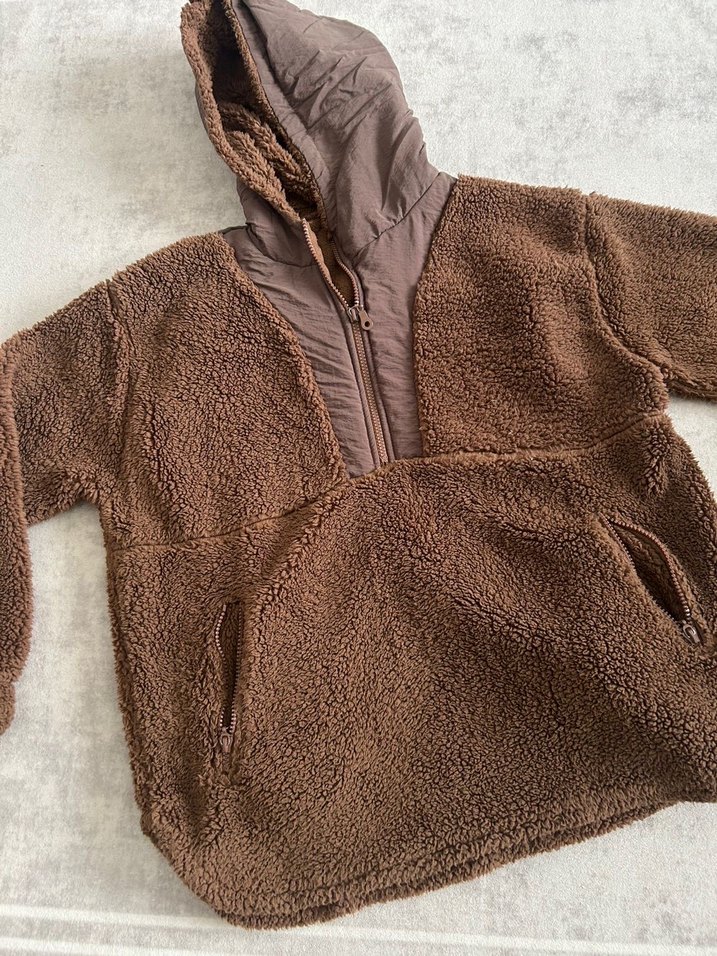 Kapüşonlu Kahverengi Peluş Sweatshirt - Görsel 3