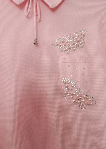 m Beden İnci Detaylı Pembe Triko Kadın Bluz