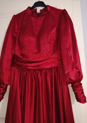 Drapeli Uzun Kırmızı Kadın Abiye Elbise - Görsel 2