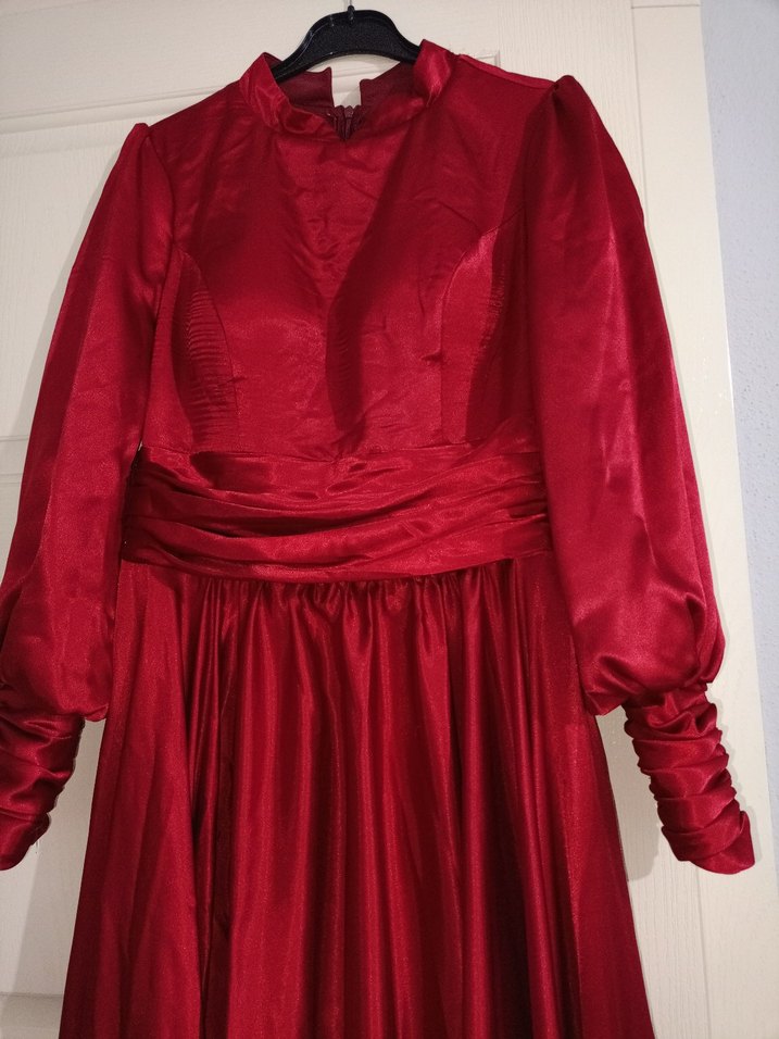 Drapeli Uzun Kırmızı Kadın Abiye Elbise - Görsel 2