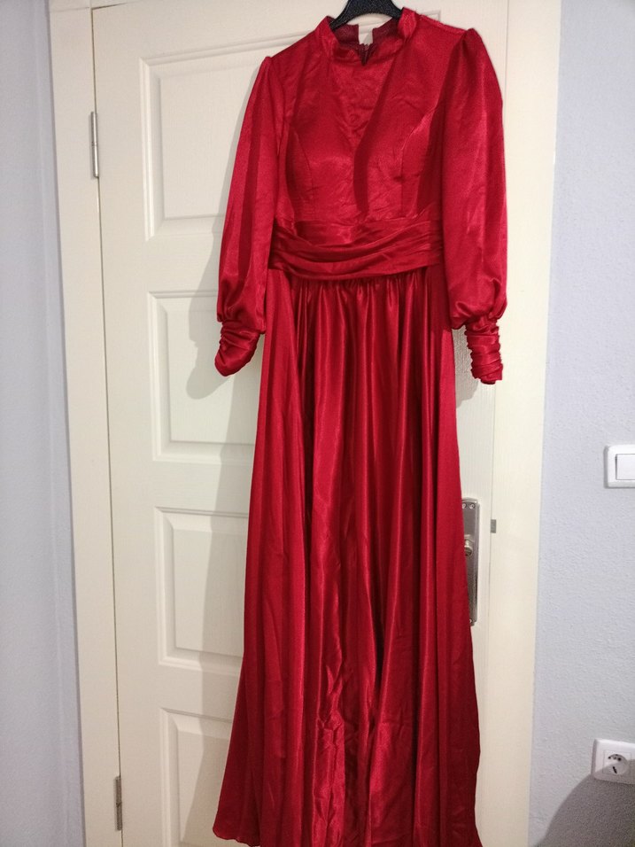 Drapeli Uzun Kırmızı Kadın Abiye Elbise - Görsel 5