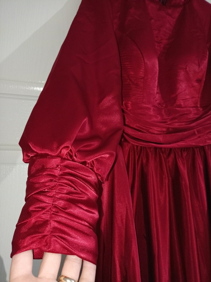 Drapeli Uzun Kırmızı Kadın Abiye Elbise - Görsel 4