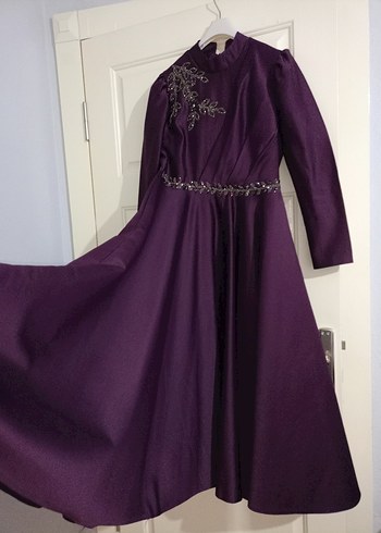 Mor İşlemeli Uzun Kollu Uzun Abiye - Görsel 6