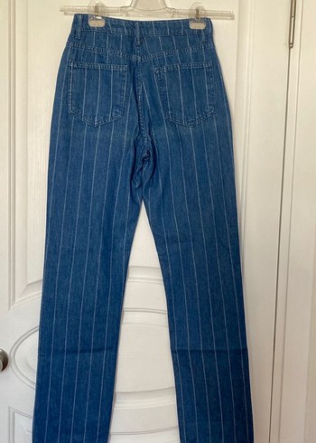 Kadın Mavi Çizgili Yüksek Bel Straight Jeans - Görsel 2