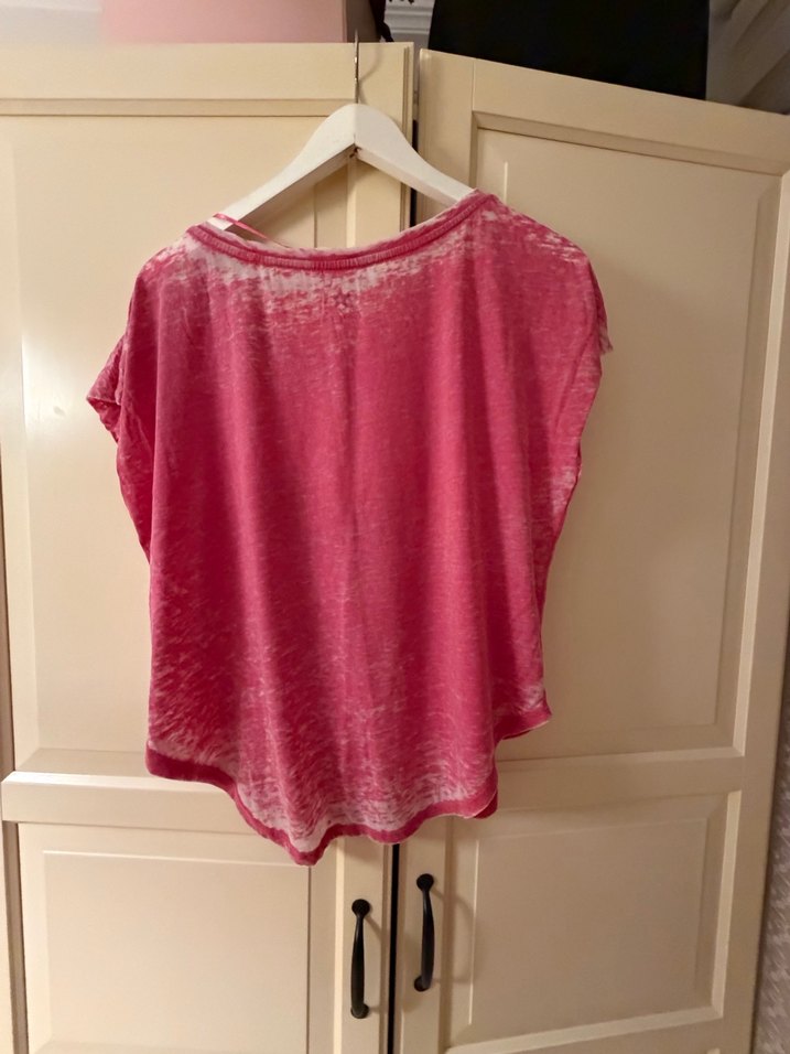 Pembe Baskılı Gevşek Kesim Keten Hamile Tişörtü - Görsel 5