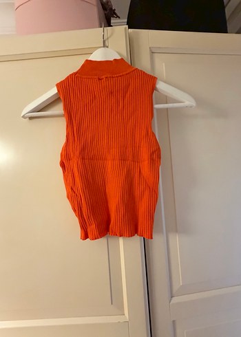 Turuncu Yüksek Yakalı Kolsuz Triko Süveter - Görsel 4