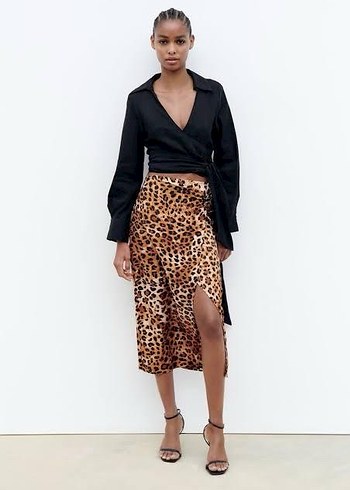 Zara Leopar Desenli Drapeli Uzun Kadın Etek