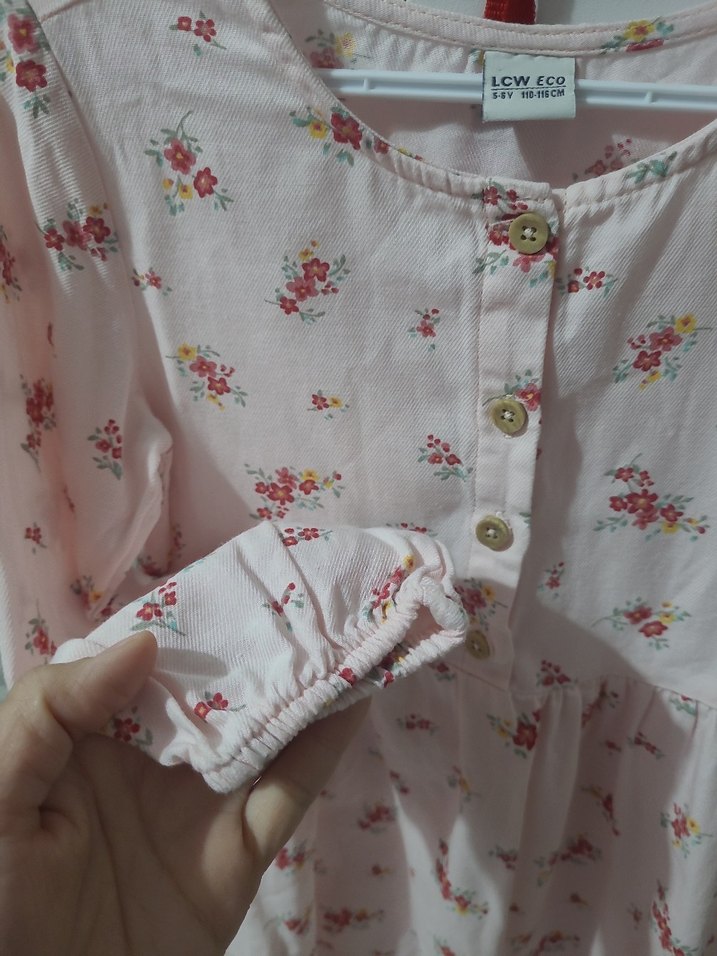 Çiçek Desenli Pembe Uzun Kollu Kız Elbisesi - Görsel 3