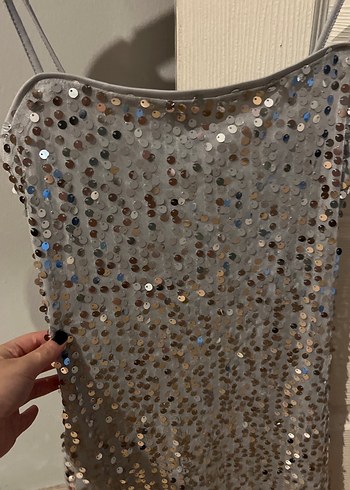 Gri Payetli Straplez Midi Abiye Elbise - Görsel 3