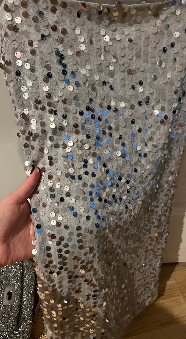 Gri Payetli Straplez Midi Abiye Elbise - Görsel 2