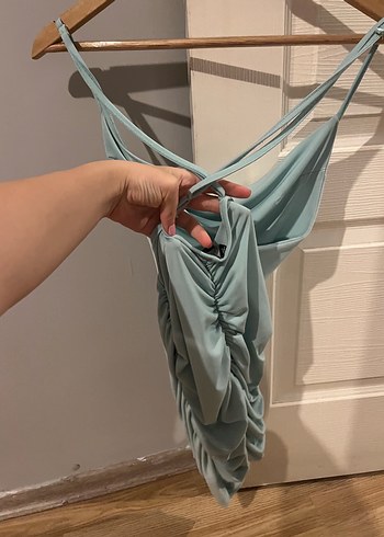 Mavi Drapeli Askılı Midi Elbise - Görsel 2