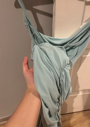 Mavi Drapeli Askılı Midi Elbise - Görsel 3