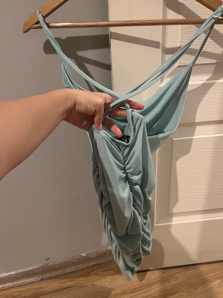 Mavi Drapeli Askılı Midi Elbise - Görsel 2