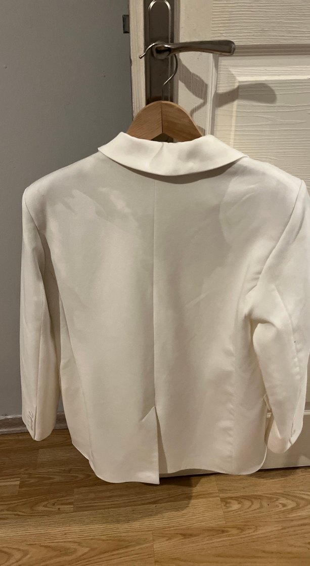 Beyaz Düğmeli Kadın Keten Blazer Ceket - Görsel 4