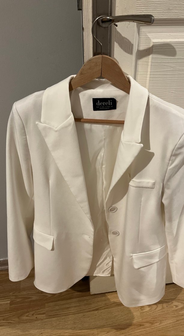 Beyaz Düğmeli Kadın Keten Blazer Ceket - Görsel 5