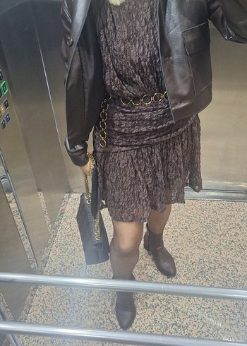 Koyu Kahverengi Dantel Detaylı Mini Elbise - Görsel 2