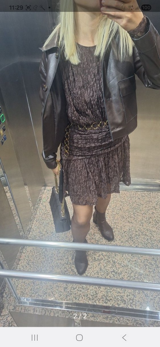 Koyu Kahverengi Dantel Detaylı Mini Elbise - Görsel 2