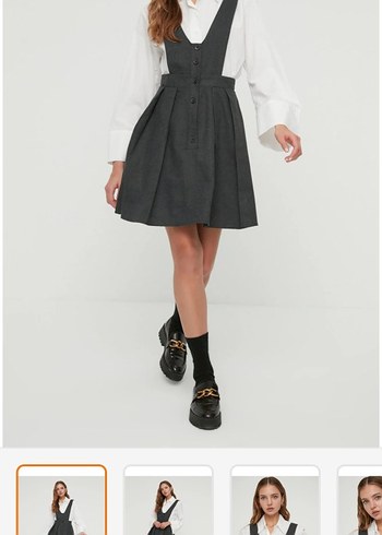 Gri Midi Düğmeli Ofis Elbisesi - Görsel 2