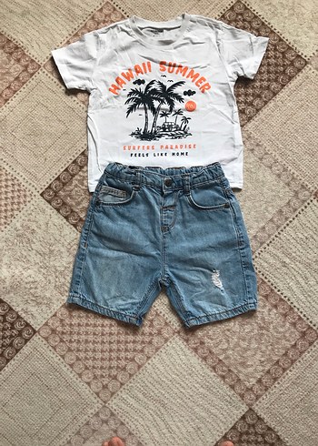 Bebek Erkek Kısa Kollu Beyaz Tişört ve Denim Şort