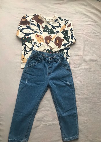 Bebek Erkek Renkli Baskılı Sweatshirt ve Kot Pantolon - Görsel 2