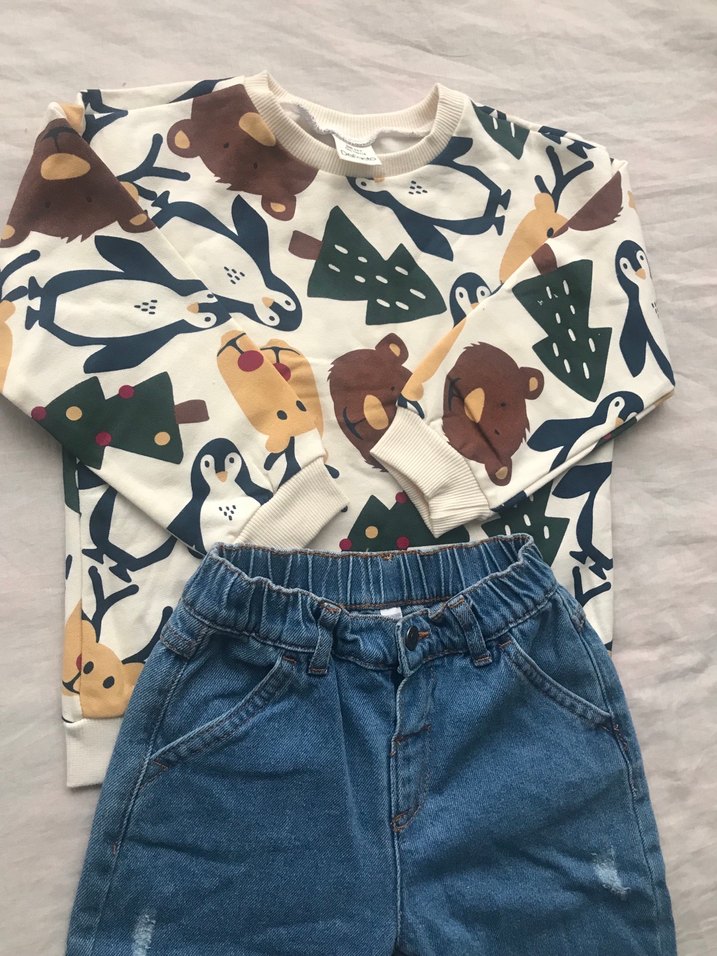 Bebek Erkek Renkli Baskılı Sweatshirt ve Kot Pantolon - Görsel 3