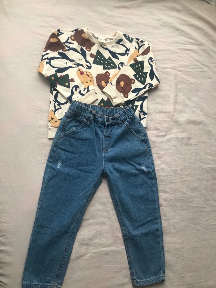 Bebek Erkek Renkli Baskılı Sweatshirt ve Kot Pantolon - Görsel 2