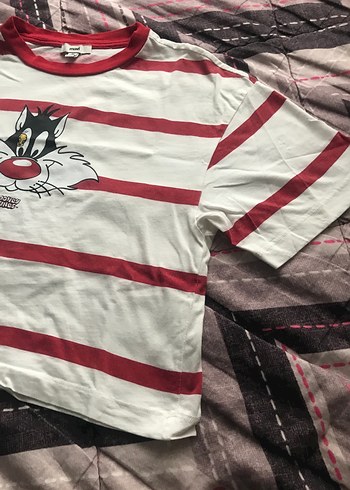 Kadın Beyaz Çizgili Baskılı Kısa Kollu Tişört - Görsel 3