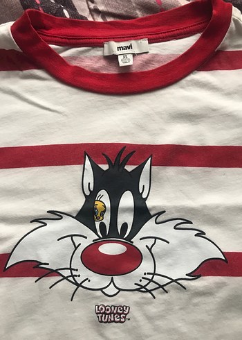 Kadın Beyaz Çizgili Baskılı Kısa Kollu Tişört - Görsel 4