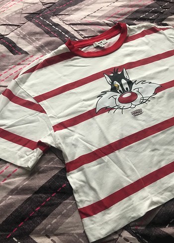 Kadın Beyaz Çizgili Baskılı Kısa Kollu Tişört - Görsel 2