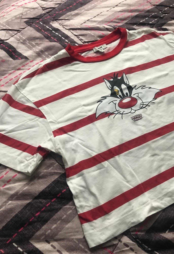 Kadın Beyaz Çizgili Baskılı Kısa Kollu Tişört - Görsel 2