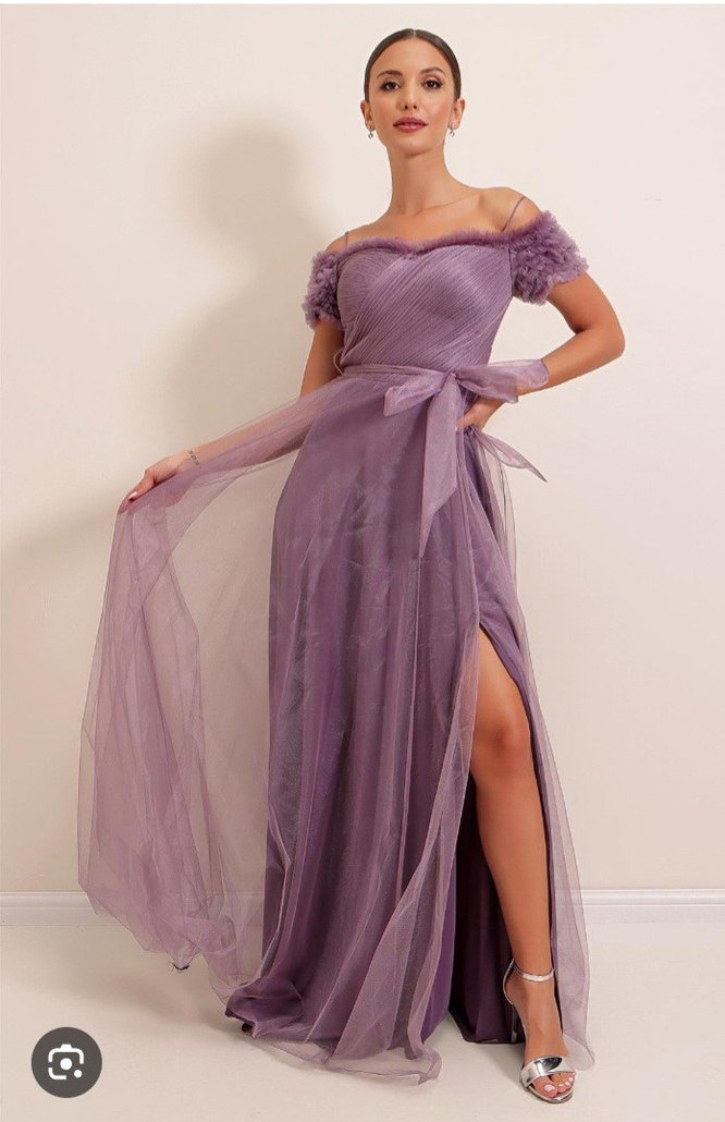 Uzun lila Drapeli Kadın Abiye Elbise - Görsel 2