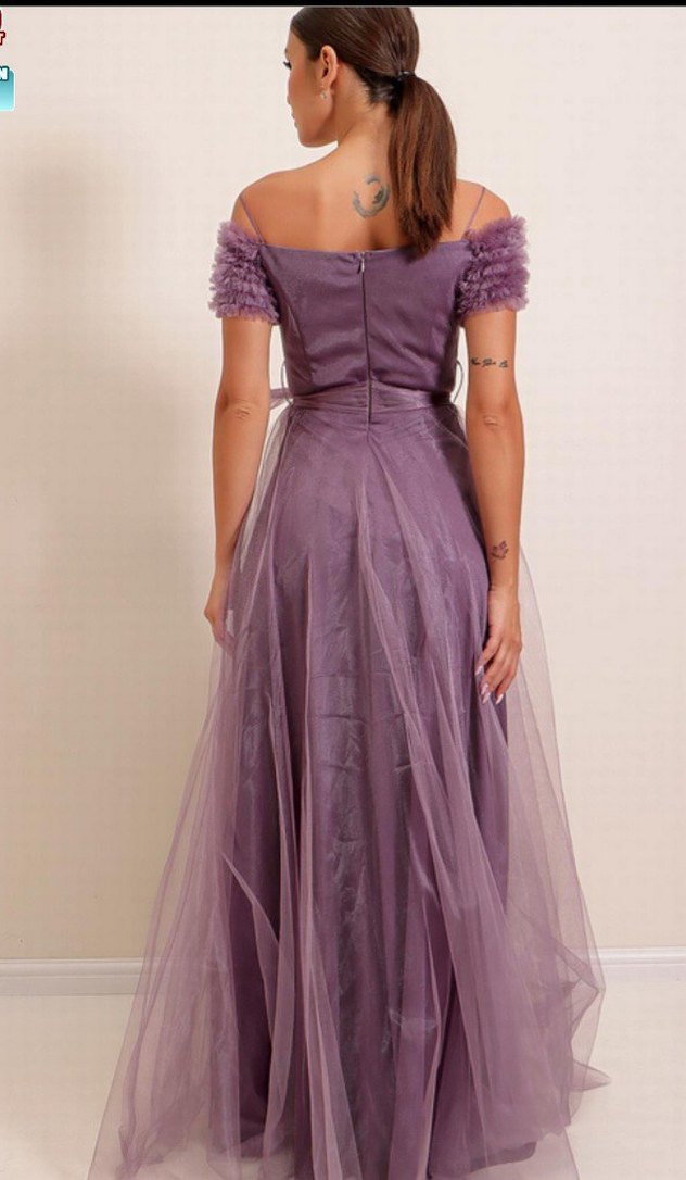 Uzun lila Drapeli Kadın Abiye Elbise - Görsel 3