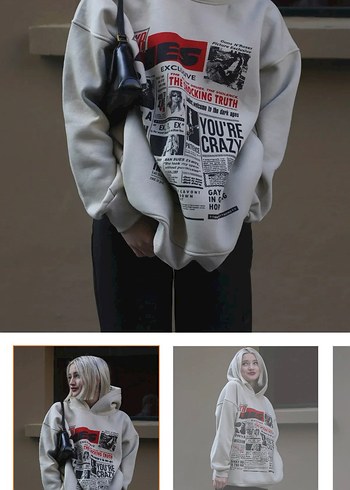 Madmex Bej Kapüşonlu Uzun Kollu Baskılı Kadın Oversize Sweat