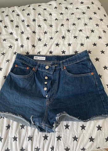 40 Beden lacivert Renk Zara Yüksek Bel Distressed Denim Mini Şort