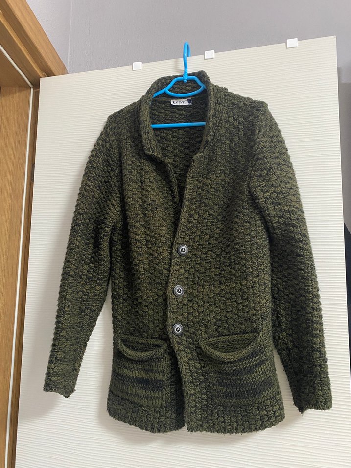 Erkek Gri Örgü Hırka, Notch Yaka, Normal Boy - Görsel 2