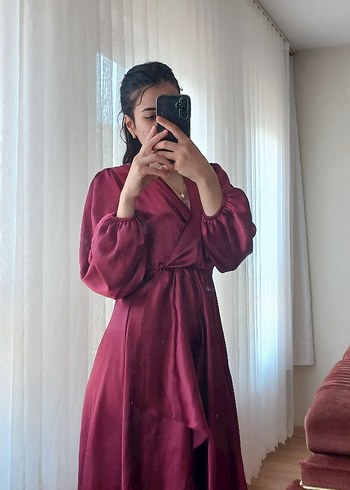 36 Beden Bordo Midi V Yaka Drapeli Kadın Elbise