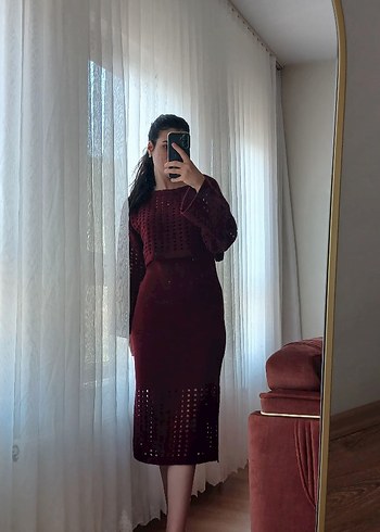 Bordo Uzun Kollu Triko Elbise