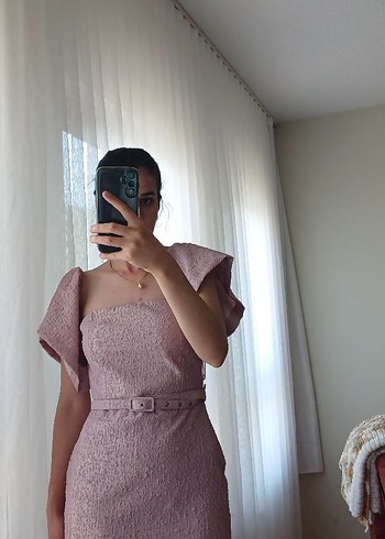 Pembe Mini Straplez Kemerli Elbise
