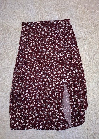 Bordo Çiçek Desenli Salaş Midi Etek - Görsel 2