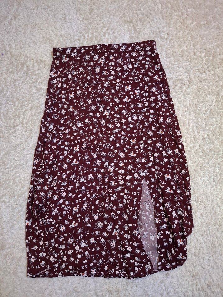 Bordo Çiçek Desenli Salaş Midi Etek - Görsel 2