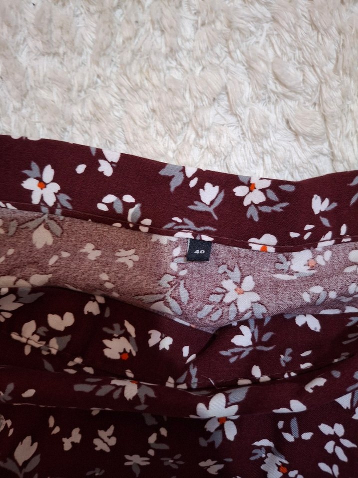 Bordo Çiçek Desenli Salaş Midi Etek - Görsel 3