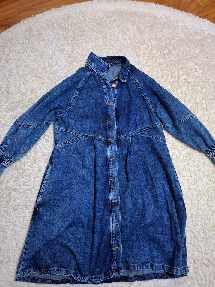 Düğmeli Uzun Mavi Kadın Kot Elbise - Görsel 2