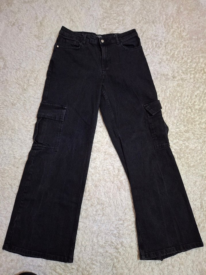 Kadın Siyah Bol Kesim Denim Pantolon Wide Leg - Görsel 3