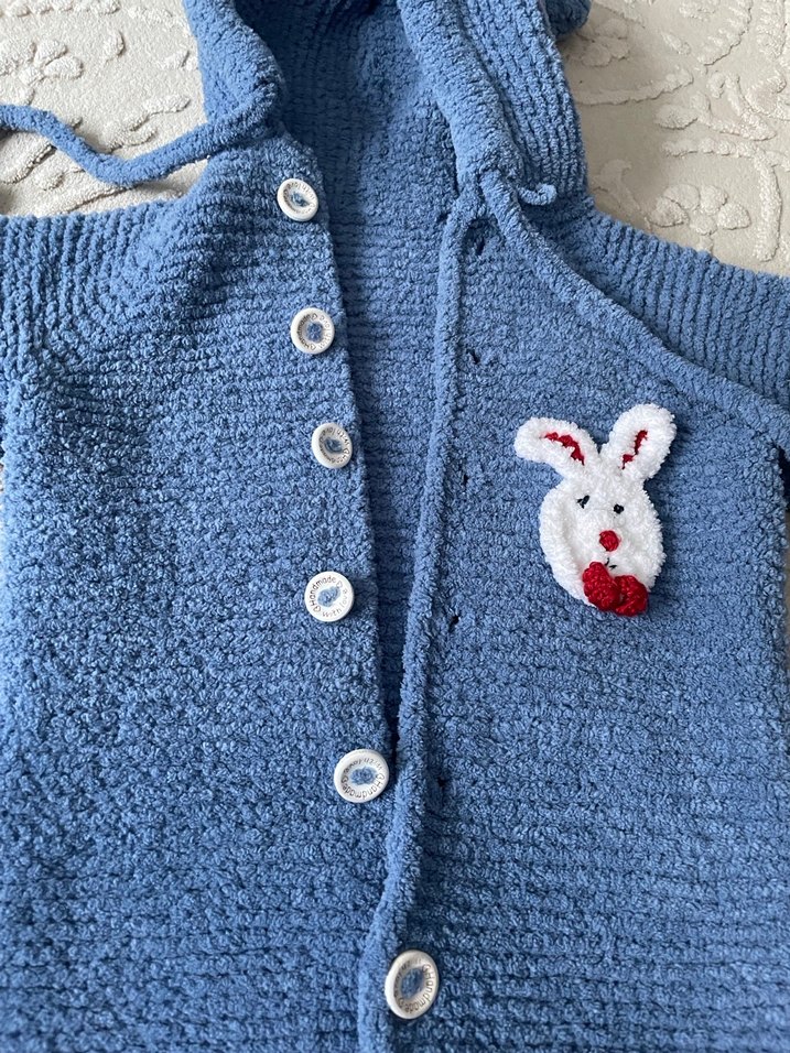 Mavi Örgü Kapüşonlu Bebek Tulumu - Görsel 2