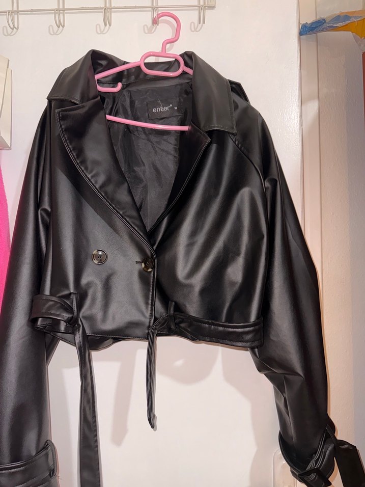 Düğmeli Siyah Deri Kadın Ceket - Görsel 5