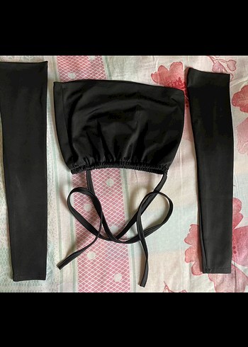 Siyah Straplez bağlamalı crop ve Kolluk - Görsel 2